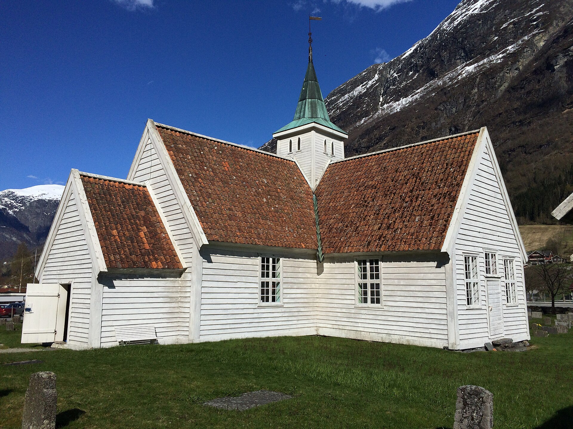 Olden Old Church, the historic red wooden church on the Briksdal valley route