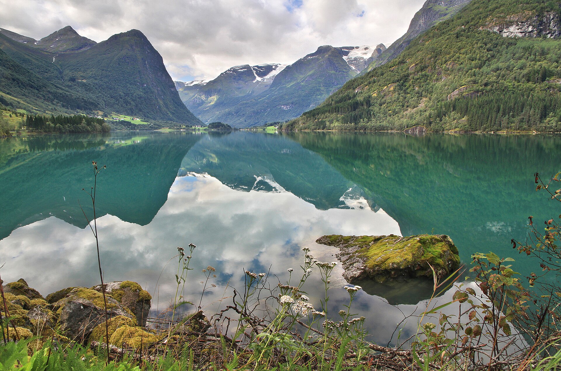 Northern shore of Oldevatnet (Olden Lake) in Oldedalen near Olden, Norway